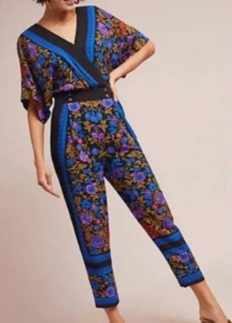Ett:Twa Anthropologie Scarf Print Surplice Bodice Cropped Jumpsuit sz 2